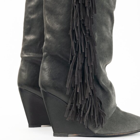 Isabel Marant Manly Anthracite Leather & Suede Fringe Knee-High Wedge Boots - Picture 7 of 9